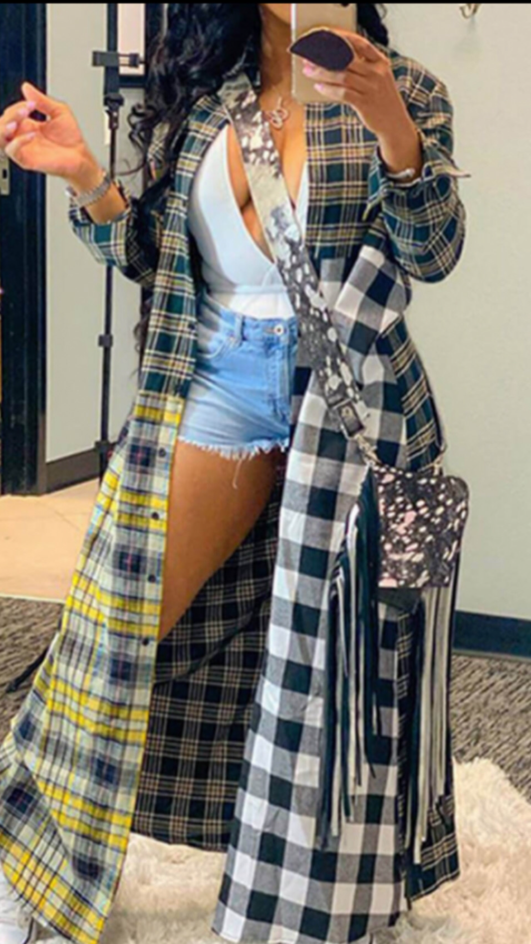 Behold Green Vs. Gold Plaid Duster Trench